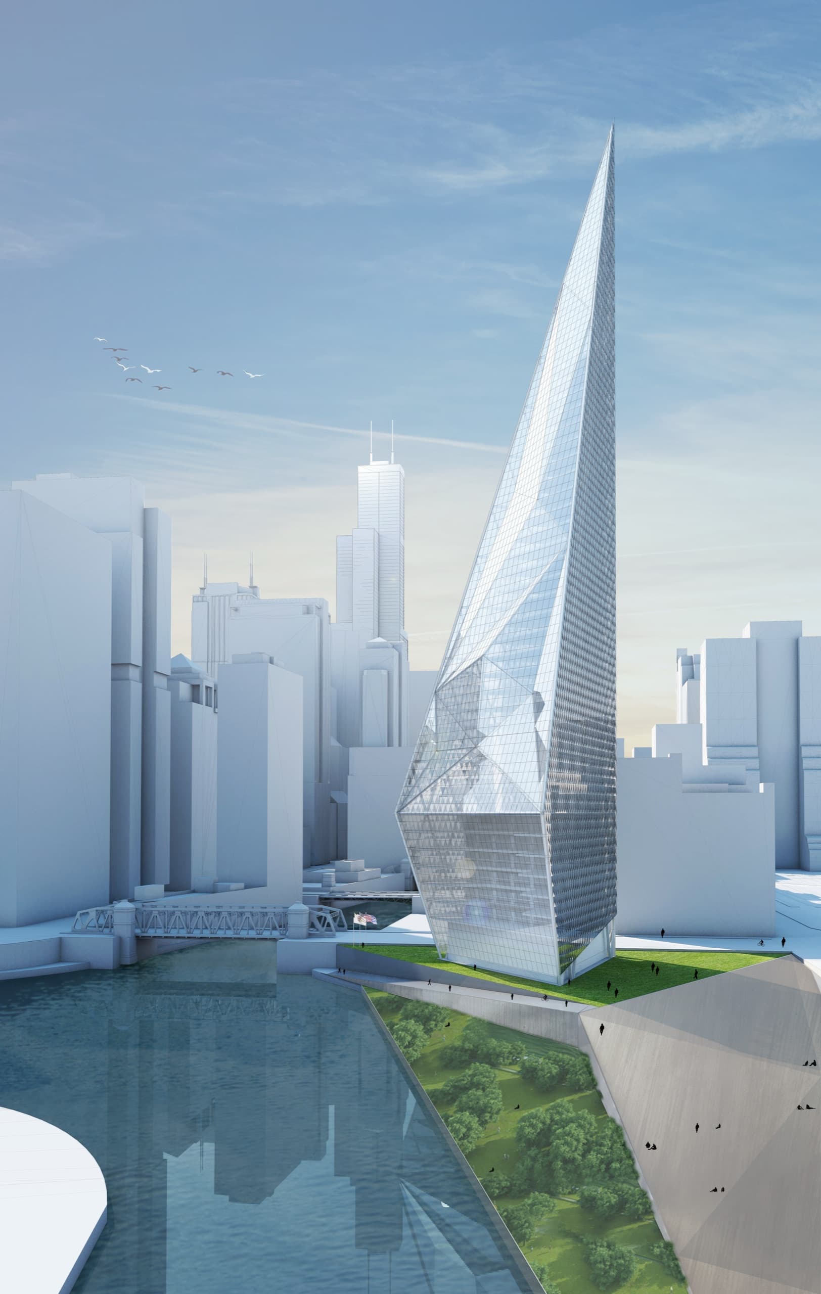 Glass tower concept rising above the Chicago riverfront